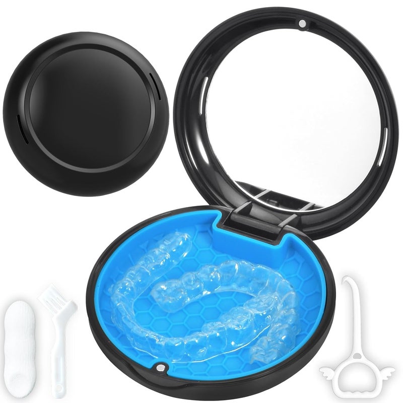 Gaboolo Store Retainer Case with Mirror,Slim Aligner Case with Vent Holes,Cute Night Mouth Guard Box,Retainer Removal Tool and Brush (Black Blue) - Image 1